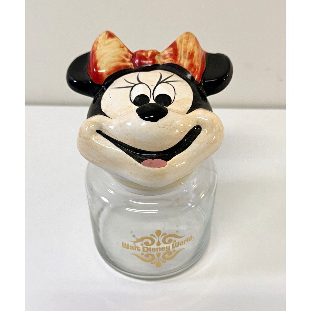 Walt Disney World Minnie Mouse Glass Cookie /Candy Jar with Ceramic Lid, Disney
